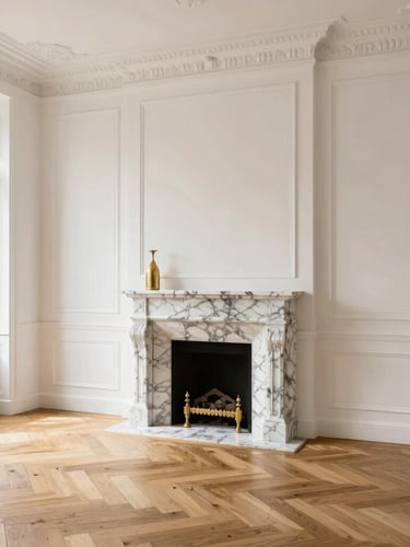 High-end Parisian apartment interior with herringbone wood floor, bright natural daylight illuminating white walls with classic moldings and a marble fireplace.