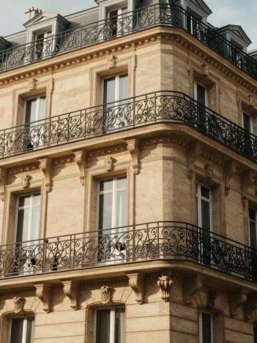 Warm editorial photography of a sunlit Haussmannian balcony with elegant black iron railings, warm stone facade, soft Parisian afternoon daylight, 35mm lens.