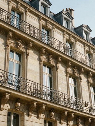 Warm afternoon daylight shining on a Haussmannian facade in Paris, elegant iron balconies, architectural detail, 35mm lens