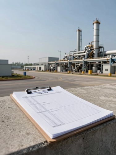 Wide landscape frame of an industrial site perimeter at daylight, environmental audit clipboard and printed technical checklist resting on a concrete ledge in the foreground, facility structures visible in the background right, open sky to the left, no people