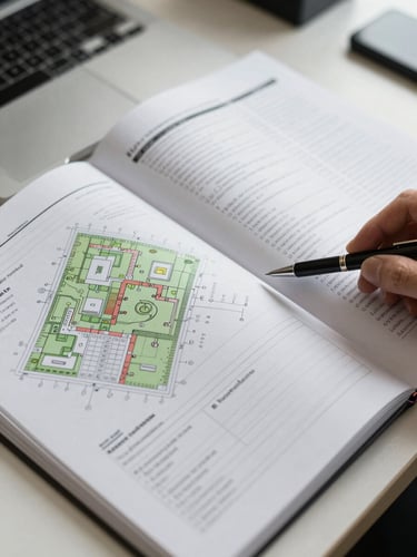 Close-up overhead view of a technical environmental report spread open on a desk, annotated site maps and regulatory checklists visible, a pen resting on the page, clean office lighting, no people
