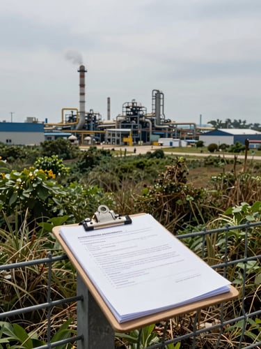 Wide-angle view of an industrial site perimeter from ground level, environmental assessment clipboard resting on a fence post in the foreground, dense vegetation and factory structures visible mid-distance under flat overcast daylight — documentary framing, no people