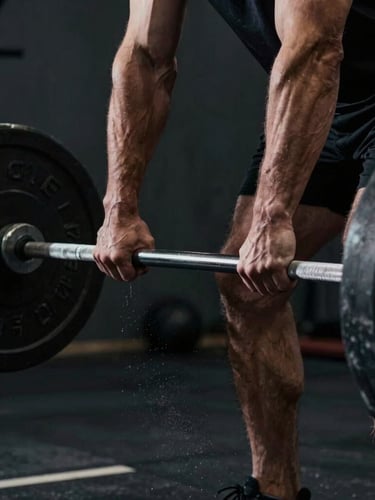 Close-up action shot of a masculine athlete's hands gripping a heavy barbell, chalk dust in the air, dramatic low-key side-lighting, deep charcoal gym background.