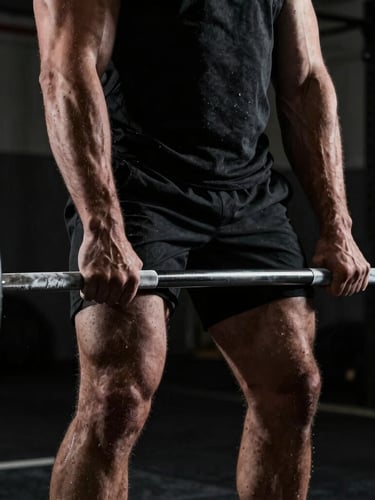 Gritty high-contrast athletic photography, dramatic low-key side-lighting, deep charcoal tones, close-up of a masculine athlete's hands gripping a barbell under heavy tension, chalk dust in the air, sharp focus, 35mm lens.