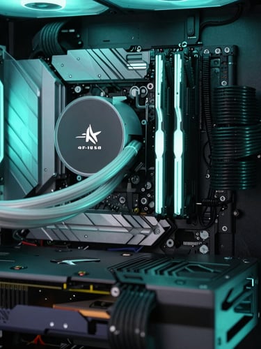 Extreme close-up macro shot of a pristine custom PC build's interior, showing clean cable management, a liquid cooling block, and glowing neon-cyan RGB accents, cool-toned studio lighting, deep obsidian background, subtle cyan rim light, intricate component details