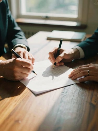 Close-up of hands signing formal corporate documents on a heavy mahogany desk, warm sunlight filtering through a window, 35mm