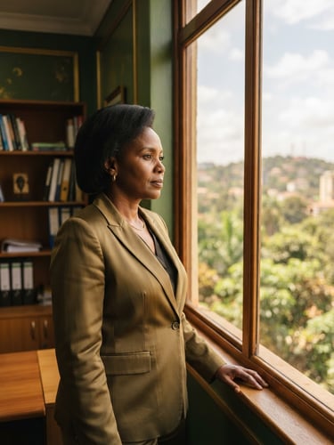 Dignified portrait of an East African executive in a structured, warm-toned Kampala office, looking thoughtfully out a window with natural light, deep green and gold tones, shallow depth of field, 35mm.