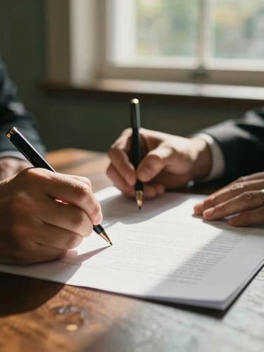 A close-up of hands signing formal legal documents on a dark wooden desk, warm natural sunlight filtering through a window, shallow depth of field, 35mm