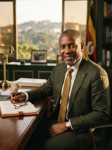 Warm editorial portrait of a dignified East African executive in a structured, sunlit office in Kampala, deep green tones, 35mm