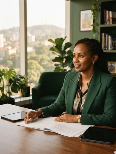 Medium environmental portrait of an East African executive in a structured, sunlit Kampala office, warm window light, deep green tones, 35mm