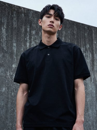 Low-angle studio shot of a model wearing a heavy-drape black polo t-shirt against a dark concrete wall, cool overcast lighting, film grain texture.