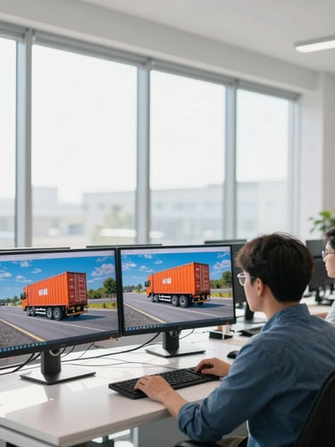 Bright modern logistics office with large windows, team of dispatchers tracking freight on clean dual screens, natural morning daylight, professional and airy atmosphere, 35mm