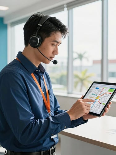 A professional dispatcher in a bright modern Florida office, looking at a clean logistics routing map on a tablet, sunlight streaming through windows, professional, trustworthy, 35mm