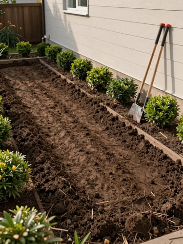 Medium-wide shot of a cleared garden bed, freshly raked soil and cut-back shrubs along a house wall, natural morning light, tools resting against the wall to the right, work clearly finished and space left clean