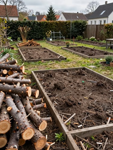 Environmental wide shot of a cleared residential garden in Haselünne after work is finished, stacked cut branches at the left edge, empty tidy beds and trimmed hedge visible, overcast natural daylight, no people present