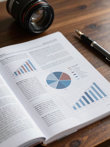 Close-up of a printed scientific journal with charts and graphs, resting on a dark wooden desk next to a fountain pen, soft natural side light.