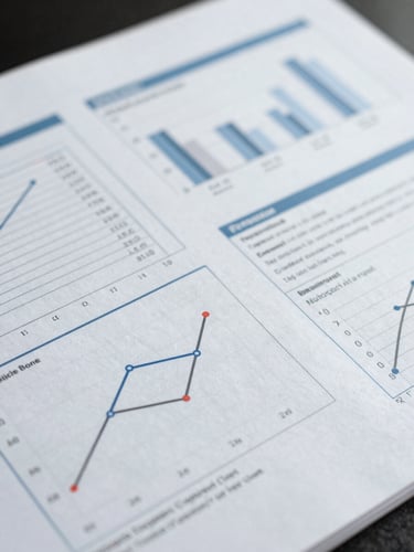 Close-up macro shot of printed scientific reports showing clean data visualizations and charts, diffused studio lighting, editorial style.