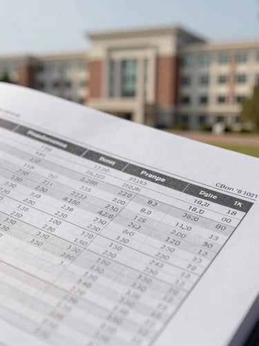 Macro shot of printed scientific reports with data tables and architectural background of a university campus, clean natural daylight.