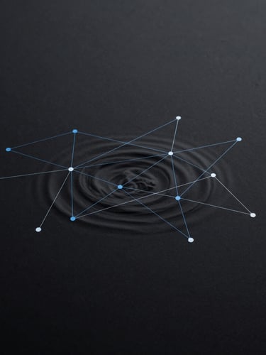 minimalist editorial photography, cool ambient lighting, high contrast, desaturated tones with electric blue accents, 35mm lens, abstract representation of a complex network diagram or a subtle ripple effect on a dark surface, indicating underlying connections and structural changes, wide panoramic, off-center focal point