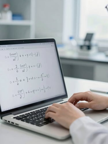 Close-up of a researcher working on a complex mathematical model on a laptop in a bright, modern laboratory, clean cool-toned indoor lighting