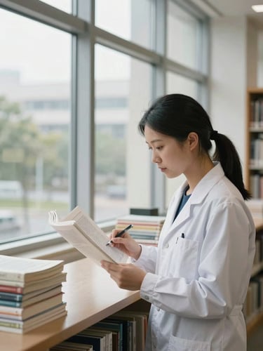 A focused researcher reviewing printed academic journals by a large library window, soft natural daylight, shallow depth of field, 35mm lens