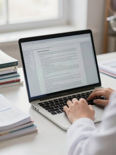 Medium close-up of a researcher's organized desk, a laptop showing a structured scientific manuscript layout, stacked academic journals, bright natural library daylight, shallow depth of field, 35mm lens