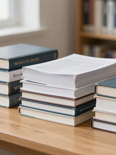 Neatly stacked academic journals and books on a clean wooden desk, soft natural library daylight, shallow depth of field