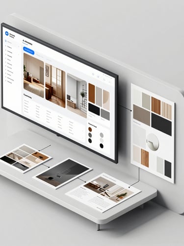 Close-up overhead flat-lay of three premium interior render printouts arranged on a warm taupe surface, architectural kitchen and bedroom scenes visible, soft even studio lighting, no text overlays, photorealistic
