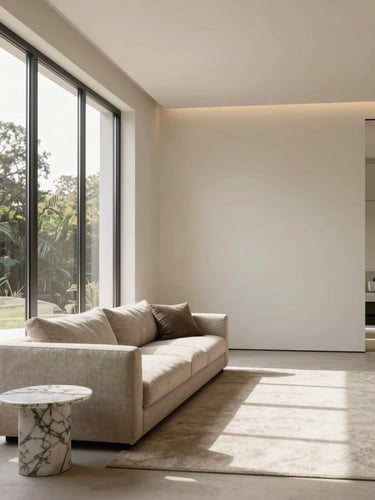 Wide environmental shot of a pristine high-end living room interior render — floor-to-ceiling windows on the left third, warm natural daylight flooding across a linen sofa and marble side table, expansive negative space on the right, soft even studio-quality lighting, architectural precision