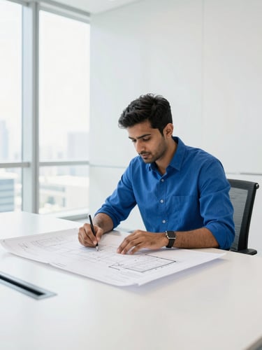 Candid medium-wide shot of Shivank Suhendra analyzing blueprints in a modern Dubai boardroom, bright natural daylight, clean minimalist aesthetic, 35mm.