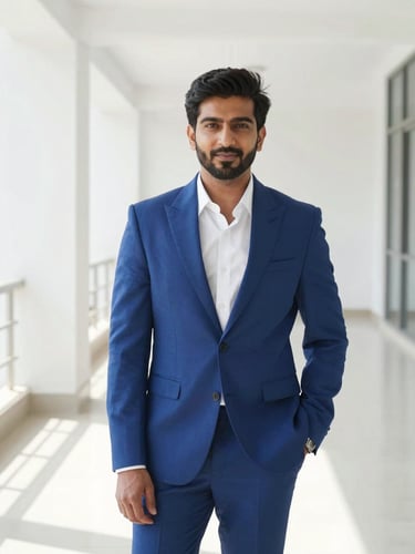 Candid, high-quality editorial portrait of Shivank Suhendra in a bright, modern architectural space, natural daylight, soft shadows, 35mm