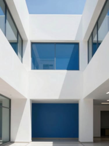 Bright natural daylight illuminating a modern minimalist office atrium in Riyadh, clean white and royal blue tones, 35mm