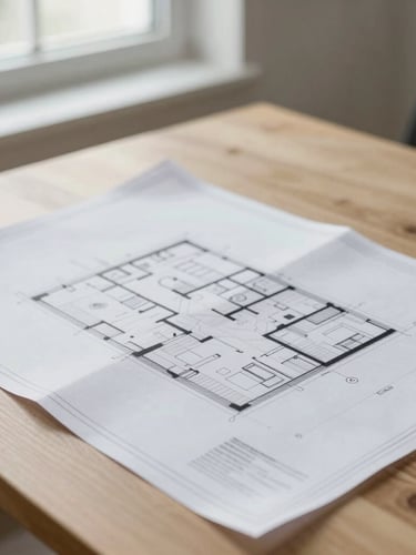 A close-up of architectural blueprints resting on a minimalist oak table, soft natural daylight streaming from a nearby window, clean composition, muted cool tones, 35mm.