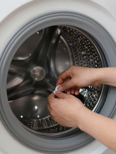 Close-up of professional hands adjusting the stainless steel drum of a top-load Panasonic washing machine, clean tools nearby, bright daylight.