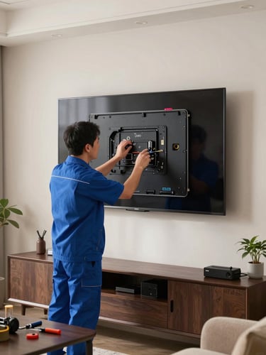 Wide panoramic shot of a technician in a blue uniform carefully inspecting the back panel of a large Panasonic television mounted on a wall in a well-lit living room, focused expression, specialized tools visible on a side table.