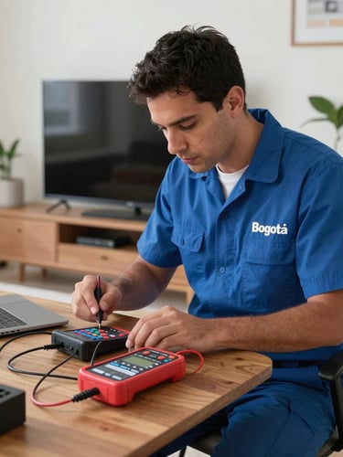 Primer plano de un técnico profesional con uniforme azul corporativo usando un multímetro digital para probar la tarjeta electrónica de un televisor smart TV de Panasonic, luz de trabajo enfocada, fondo de apartamento moderno en Bogotá.