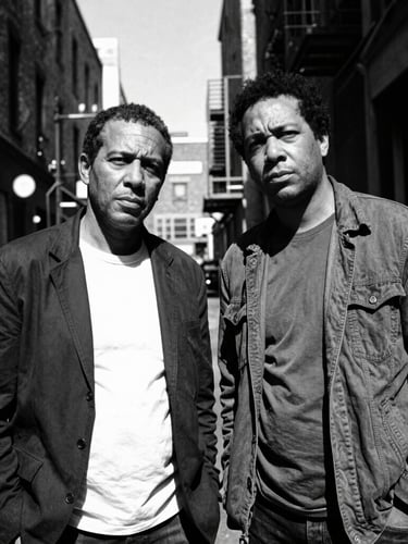 high contrast black and white portrait of two founders in a gritty Birmingham alleyway, harsh direct sunlight, wide-angle lens, unposed, defiant expressions