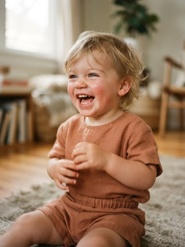 Candid close-up of a toddler laughing in a soft terracotta co-ord set, warm morning light, shallow depth of field, 35mm film style.
