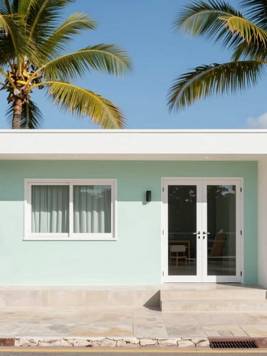 Bright modern beach house in Brazil, clean architecture, palm trees, sunny day, 35mm lens
