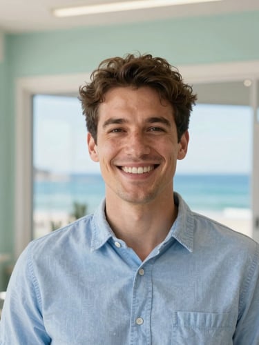 Close-up of a local business owner smiling in a bright coastal shop, natural daylight, warm tones, professional