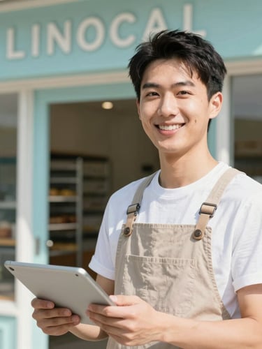 A bright, professional close-up of a local business owner smiling in a sunlit bakery storefront, holding a tablet, clean coastal-modern style