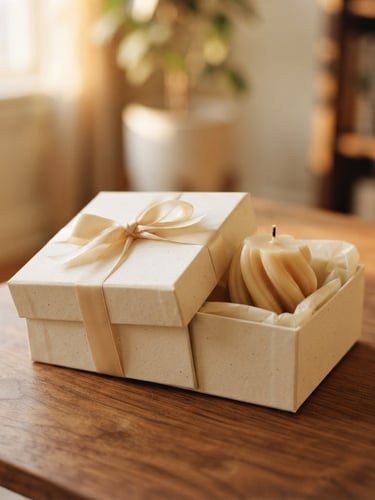 Elegant corporate gift box containing a Lumora spiral candle, tied with a silk ribbon, resting on a walnut table with soft golden hour light, shallow depth of field, warm editorial photography.