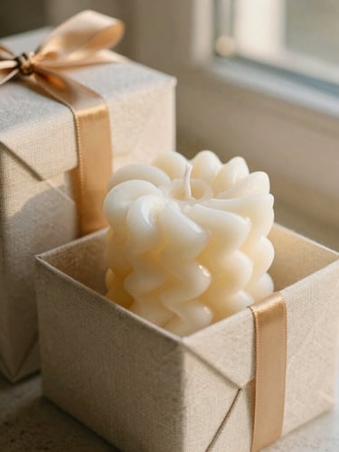 Close-up of a Lumora spiral candle in premium linen-textured gift packaging, soft gold ribbon, warm natural light, shallow depth of field, on a stone surface.