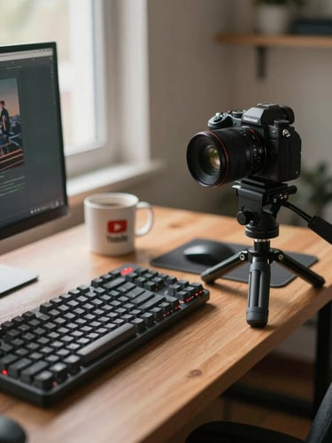 Wide environmental shot of a real YouTube creator workspace — a desk with a mirrorless camera on a tripod, warm window light spilling across a mechanical keyboard and a coffee mug, shallow depth of field, no person visible, honest and unglamorous