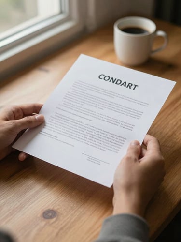 Close-up of hands holding a printed contract on a wooden desk, warm window light from the left, a coffee mug blurred in the background, natural and unglamorous