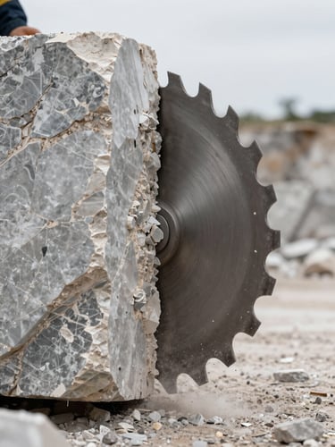 Extreme close-up of a quarry saw cutting through raw quartzite block in overcast daylight, stone dust mid-air, blade edge revealing a fresh geological cross-section with visible mineral veins, no people, no color grading