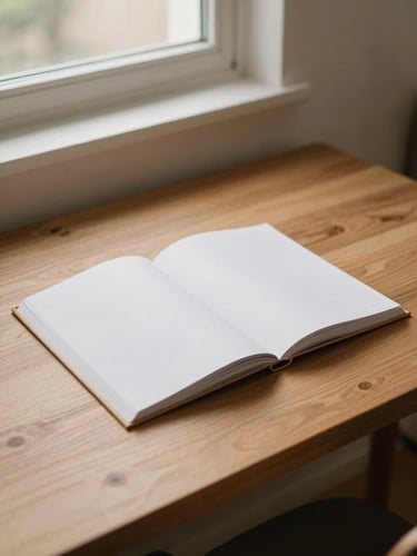 A clean, minimalist photo of a well-organized wooden desk with a single open dossier, soft natural light from a side window, warm editorial tone.