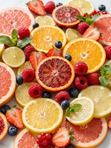 Vibrant editorial photography, bright morning sunlight, a close-up of fresh glistening sliced citrus fruits and berries on a clean white surface, high-key studio light.
