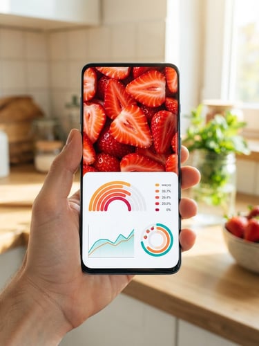 A clean digital interface mockup on a modern smartphone, displaying vibrant sliced strawberries and macro charts, bright sunlit kitchen background, crisp editorial focus.