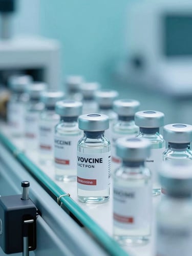 Macro clinical photograph of sealed vaccine vials on a sterile conveyor line, bright cool teal ambient lighting, high-precision laboratory environment, 50mm focus